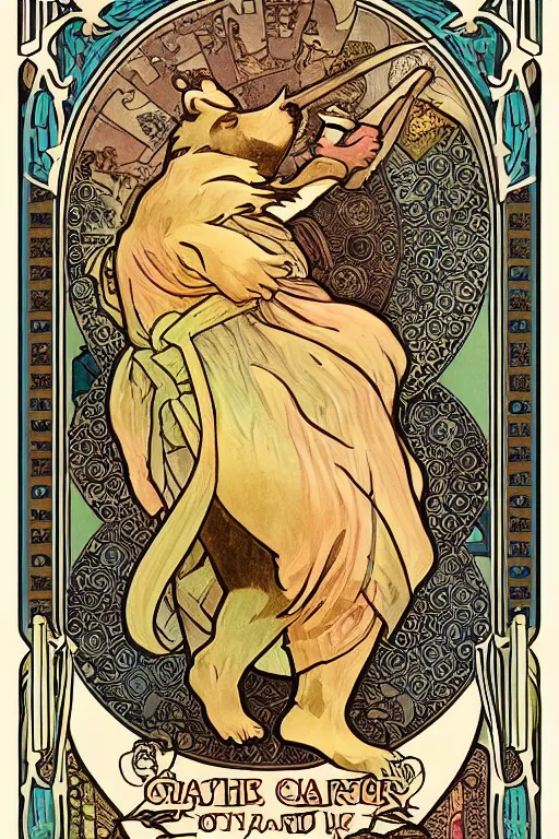 Prompt: Tarot card illustration of The Fat Badger Chef, illustration by Alphonse Mucha, art nouveau style, elaborate details, 4k