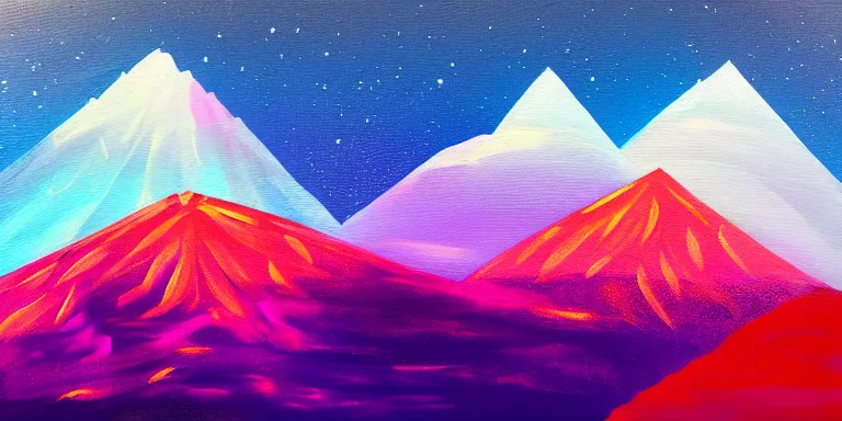 Image similar to a beautiful abstract acrylic painting on a white background of geometric mountain tops made of nebula reflecting on a lake by viktoria lapteva