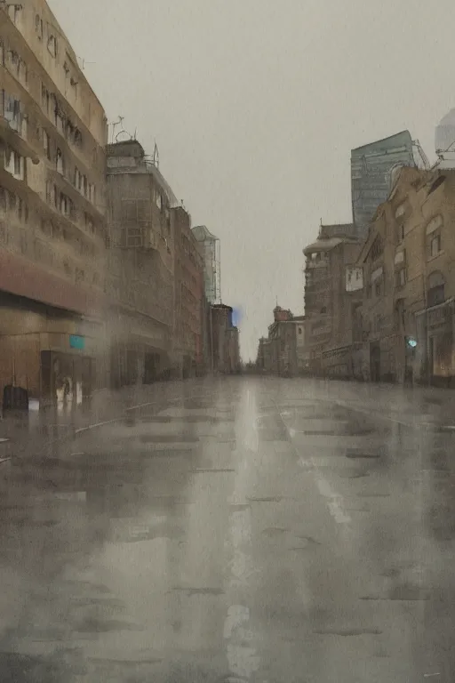 Image similar to a watercolor about contemporary Shanghai, deserted street after rain, cloudy overcast sky, poignant, high contrast of light and dark, smooth, by Joseph Zbikowicz, 8k