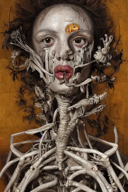 Prompt: Detailed maximalist portrait of a greek god with large lips and eyes, scared expression, botanical anatomy, skeletal with extra flesh, HD mixed media, 3D collage, highly detailed and intricate, surreal illustration in the style of Jenny Saville, dark art, baroque, centred in image