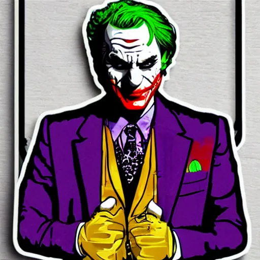 Image similar to die cut sticker, saul goodman wearing the joker suit, splatter paint