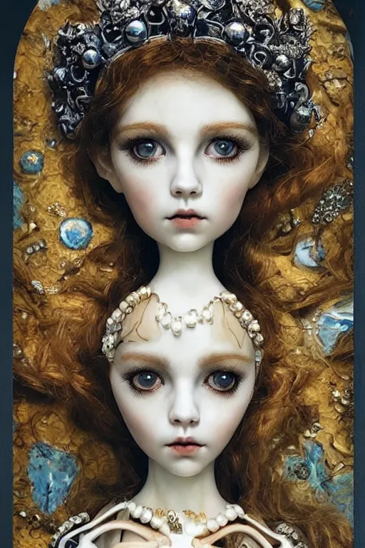 Image similar to The Princess of Bones by Karol Bak, Jean Deville, Gustav Klimt, and Vincent Van Gogh, portrait of a porcelain doll princess wearing a crown, beautiful porcelain ball-joint doll face, BJD, pale blue eyes, mystic eye, otherworldly, crown made of bones, ornate jeweled crown, skulls, fractal structures, arcane, inscribed runes, infernal relics, ornate gilded medieval icon, third eye, spirals, rich deep moody colors