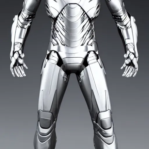 Image similar to silver and white iron man suit, 4 k realistic photo