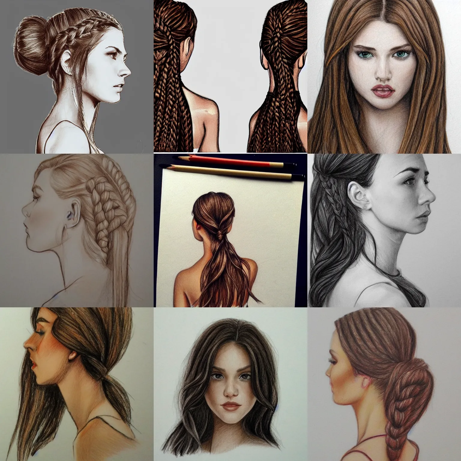 Prompt: woman girl plait hair back of head behind portrait brunette pencil drawing artstation, open back dress