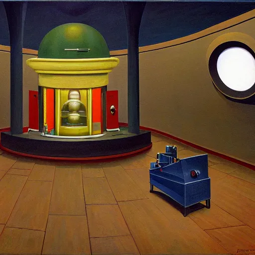 Image similar to exaggerated death ray, doomsday weapon, evil lair, mastermind, observatory interior, rotunda, shield, comedic, dystopian, grant wood, pj crook, edward hopper, oil on canvas