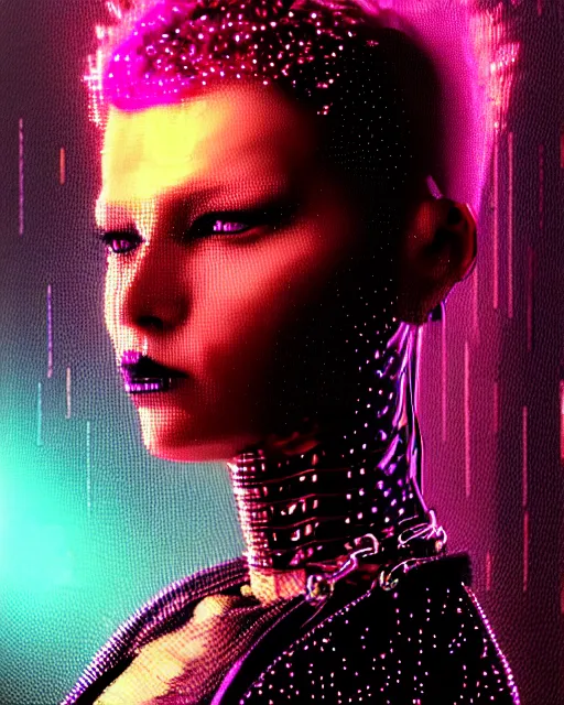 Image similar to detailed portrait of Punk girl, standing hair line, chains, pierced, tattoed Sheen Holographic Futuristic sci-fi fashion cyberpunk, (neotokyo), synthwave, (aesthetics), futuristic, bladerunner movie scene by ismail inceoglu dragan bibin hans thoma greg rutkowski Alexandros Pyromallis Nekro Rene Margitte illustrated Perfect face, fine details, realistic shaded, fine-face, pretty face sharp chine