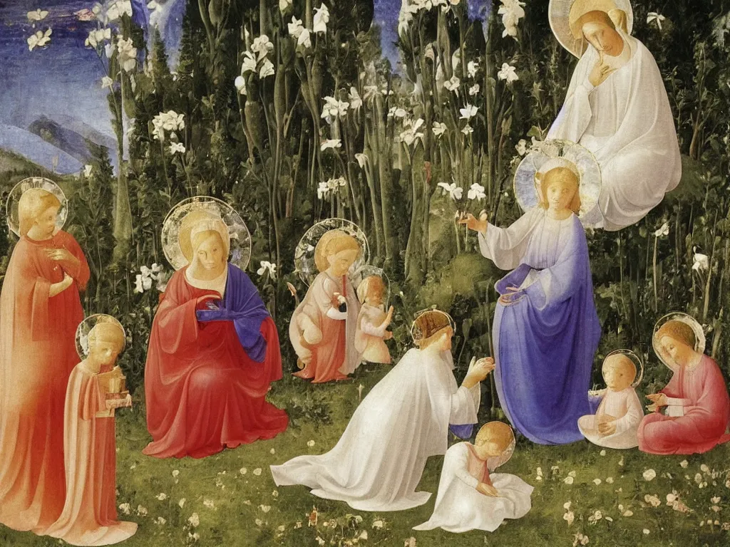 Prompt: Woman dressed in white with six babies. Iris flower in a vase, garden outside with Cypresses. An angel is arranging the seashells. Painting by Fra Angelico.