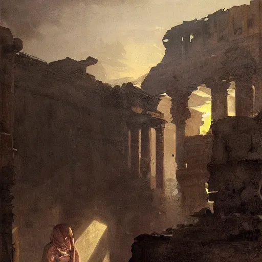 Prompt: portait of magican wearing a closed cerimonial cowl, big old book!!!!!! chained to the wrist, by jeremy mann, by tiepolo, mike mignola, by greg rutkowski, face in the shadows, ( ( ruins of ancient rome ) ), at dusk, mysterious atmosphere, sunrays, high detailed, 8 k