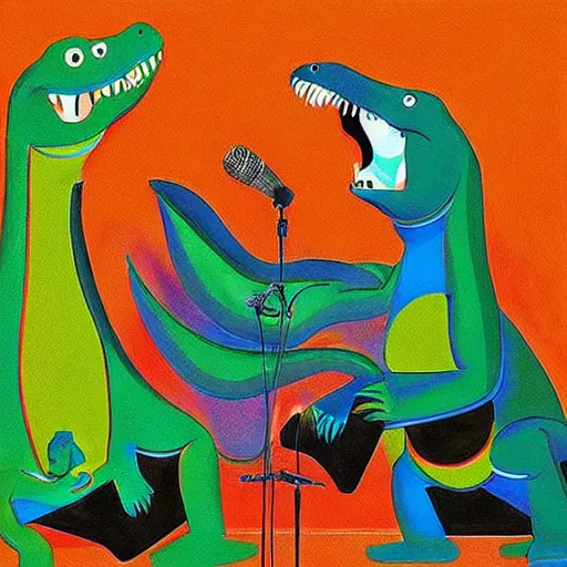 Prompt: “dinosaur singing karaoke detailed trex happy concert minimalism Edward Cooper Matisse digital art oil painting”