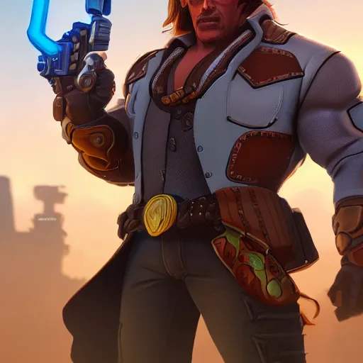 Image similar to a screenshot of arnold schwarzenegger as mccree in overwatch, portrait, fantasy, beautiful face, vivid colors, elegant, concept art, sharp focus, digital art, hyper - realistic, 4 k, unreal engine, highly detailed, hd, dramatic lighting by brom, trending on artstation