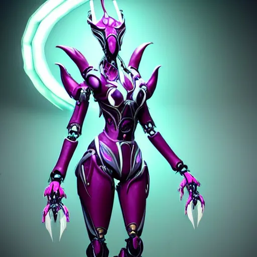 Image similar to highly detailed exquisite fanart, of a beautiful female warframe, but as an anthropomorphic elegant robot female dragoness, glowing eyes, shiny and smooth off-white plated armor, bright Fuchsia skin beneath the armor, sharp claws, robot dragon four fingered hands, and robot dragon three clawed feet, royal elegant pose, full body and head shot, epic cinematic shot, professional digital art, high end digital art, singular, realistic, DeviantArt, artstation, Furaffinity, 8k HD render, epic lighting, depth of field