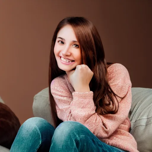 Image similar to a cute young woman smiling, long shiny bronze brown hair, full round face, green eyes, medium skin tone, light cute freckles, smiling softly, wearing casual clothing, relaxing on a modern couch, interior lighting, cozy living room background, medium shot, mid-shot, soft focus