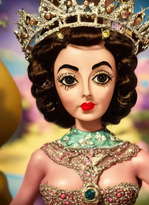 Prompt: closeup face profile portrait of tin toy elizabeth taylor as a fairytale princess wearing a crown eating cakes, bikini, depth of field, zeiss lens, detailed, symmetrical, centered, fashion photoshoot, by nicoletta ceccoli, mark ryden, lostfish, breathtaking, 8 k resolution, extremely detailed, beautiful, establishing shot, artistic, hyperrealistic, octane render