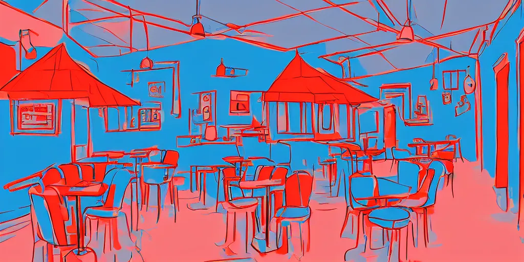 Image similar to cafe interior, blue and red tones, animated film, illustration