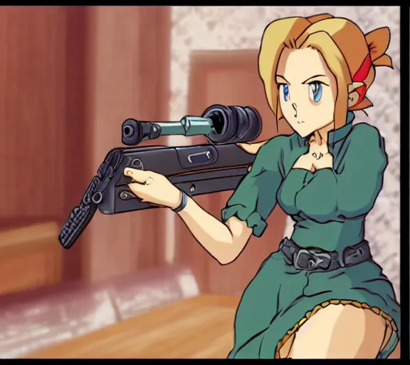Prompt: marnie from chrono trigger pointing a gun at viewer