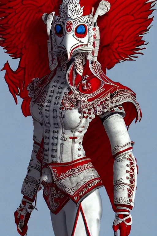 Image similar to female adventurer in tight full - body white embroidered leather armor of vyshyvanka design with red accents and a red porcelain crow mask, trending in artstation, ukrainian, artstation, big moon in the background, establishing shot