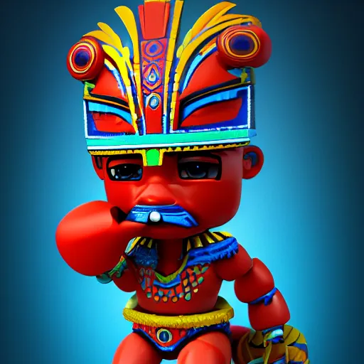 Image similar to closeup 3 d toy aztec gods as funco toy, plastic, sss, octane 4 k render, studio lighting, artstation, cyan photographic backdrop, 8 5 mm, f 2. 8 aperture