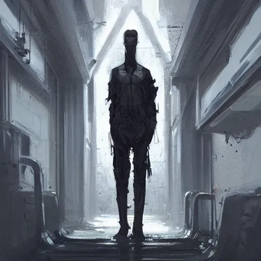 Image similar to concept art by greg rutkowski, a very tall and slender cyborg, talking to a short woman dressed in a utilitarian white and black jumpsuit, high tech and futuristic white walled environment, unnatural lighting, uncanny atmosphere, frightening and creepy atmosphere, scifi, highly detailed portrait, digital painting, artstation, concept art, smooth, sharp foccus ilustration, artstation hq