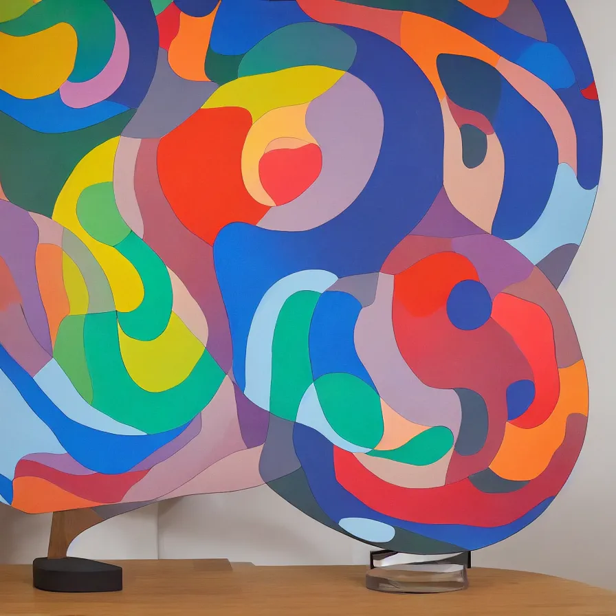 Prompt: beautiful gallery show studio photograph of a giant colorful ceramic sculpture of a chonky cat, glazed by bridget riley and victor vasarely, placed on a polished wooden table, hyperrealism 8 k trending on artstation