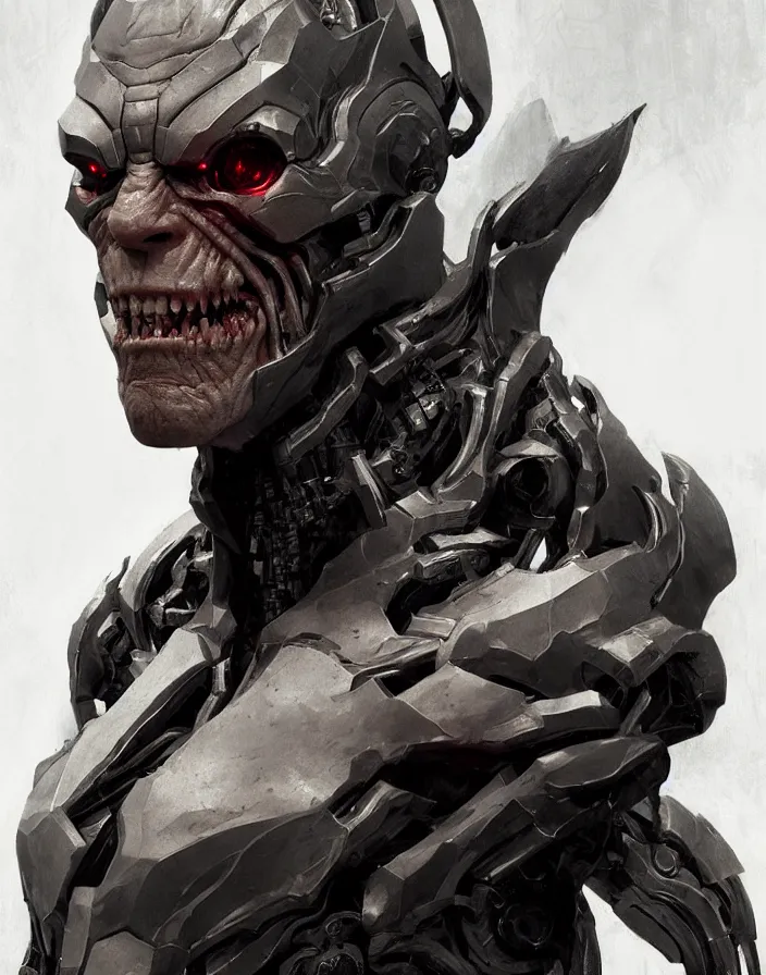 Image similar to willem dafoe as victor stone, full body concept, cyborg, borg, strogg, face of a man, terminator, flesh, quake strogg, doom demon, wolfenstein, monstrous, symmetry, symmetrical, concept art by ruan jia and greg rutkowski