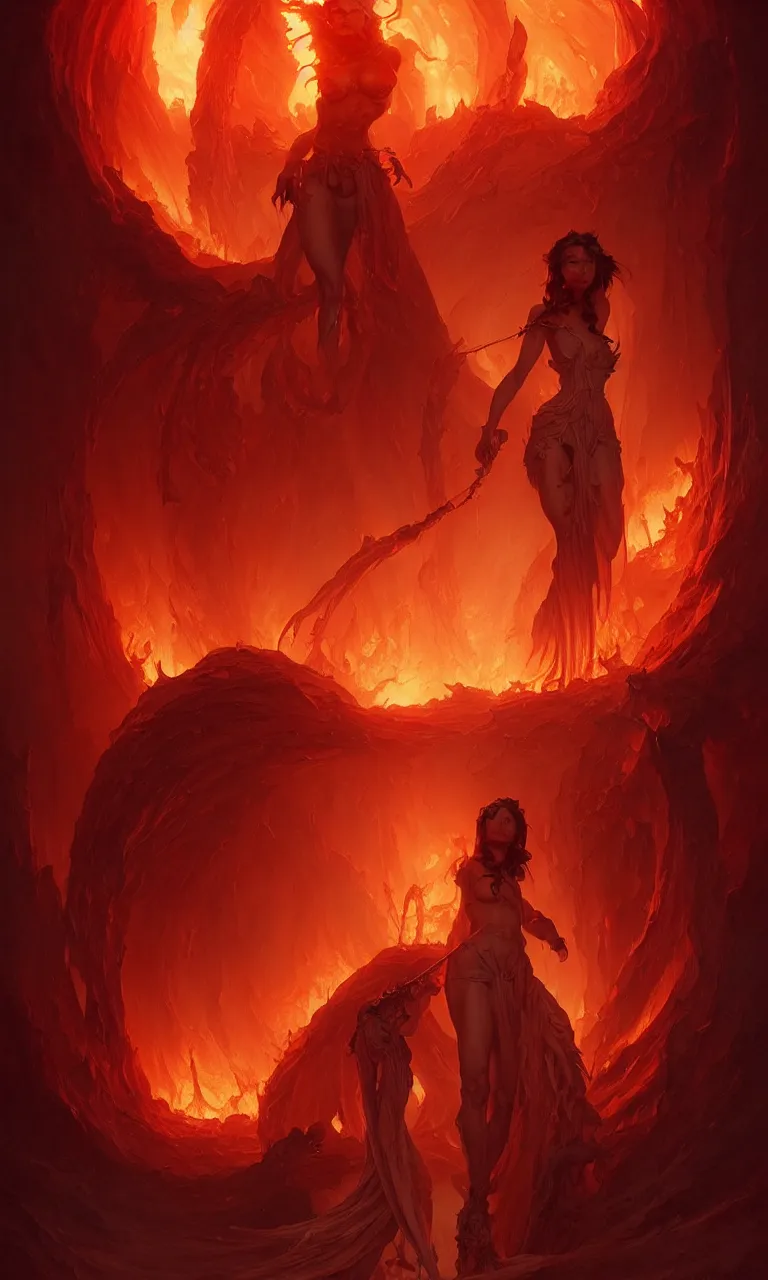 Image similar to Purgatory, fire вevil woman in hell. The gateway to the infernal underworld. Devils demons, highly detailed, digital painting, artstation, concept art, smooth, sharp focus, illustration, art by artgerm and greg rutkowski and alphonse mucha