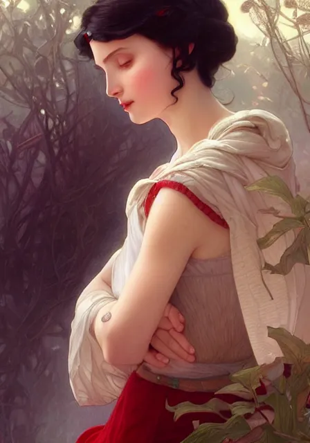 Image similar to snow white, intricate, elegant, highly detailed, digital painting, artstation, concept art, smooth, sharp focus, illustration, art by artgerm and greg rutkowski and alphonse mucha and william - adolphe bouguereau