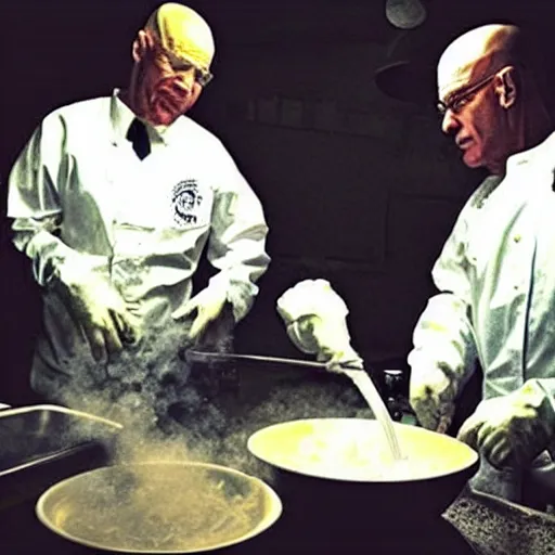 Prompt: “Very photorealistic screenshot of Joe Biden and Walter White cooking drugs in an episode of Breaking Bad, atmospheric lighting, award-winning”