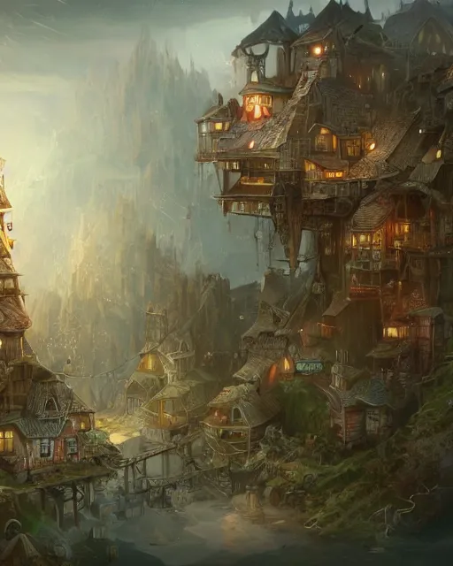 Image similar to a tiny miniscule town living on the thread of a spiders web, fantasy concept art, trending on art station, stunning visuals, creative, cinematic, ultra detailed