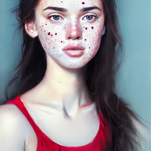 Prompt: Facial portrait of a pretty young girl, looking at the camera, slight awkward smile, lips slightly parted, some light freckles, no hands visible, extremely detailed painting by Greg Rutkowski and by Steve Henderson and by Harumi Hironaka