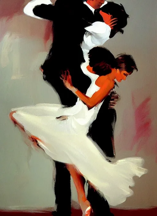 Image similar to tango dancerin in white dress, painting by phil hale, fransico goya,'action lines '!!!, graphic style, visible brushstrokes, motion blur, blurry, visible paint texture, crisp hd image