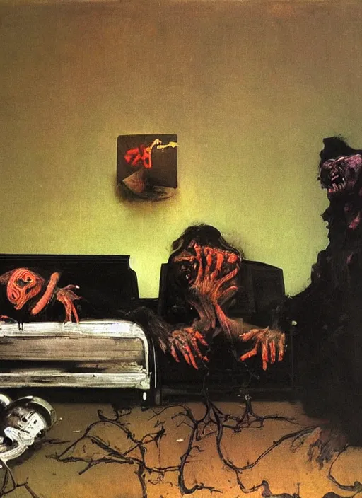 Image similar to two dark figures laughing and a black dog inside a decayed contemporary living room with large oxygen tank in the style of Francis Bacon and Zdzislaw Beksinski, Edward Hopper and Norman Rockwell, highly detailed, very coherent, triadic color scheme