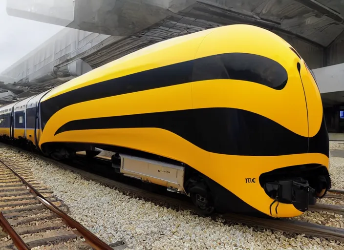 Prompt: A train that looks like a bee. This advanced train was designed to look like a bee.
