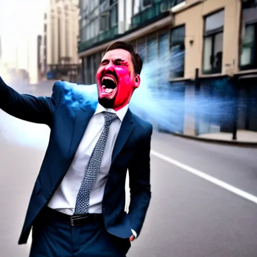 Image similar to businessman in a suit with his trousers down, holding a graffiti spray can, and screaming like a maniac in a busy city street