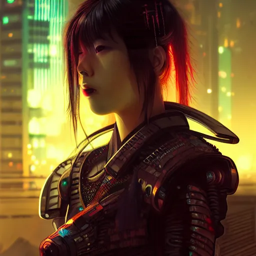 Image similar to portrait of a young female cyberpunk samurai in neotokyo at night, futuristic cyberpunk tokyo night, sci - fi and fantasy, intricate and very beautiful, highly detailed, digital painting, artstation, concept art, smooth and sharp focus, illustration, art by tian zi and wlop and alphonse mucha