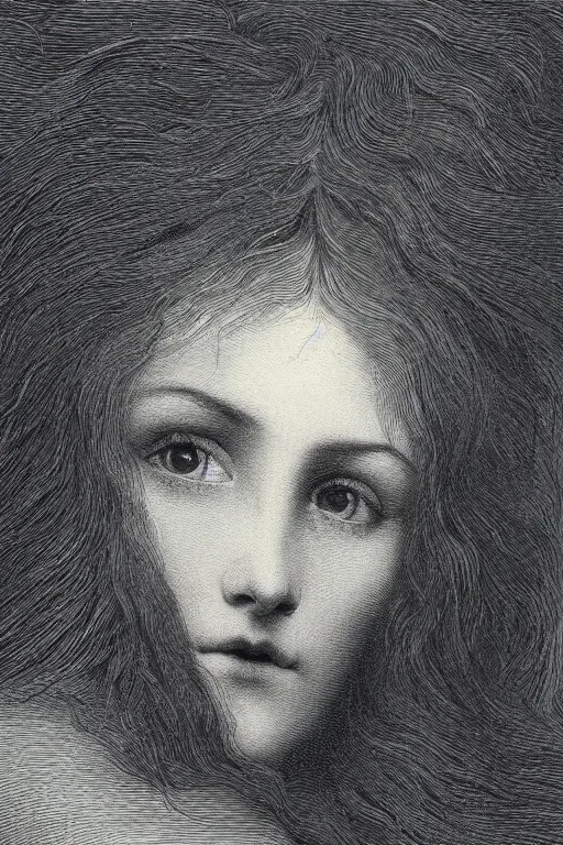 Prompt: extreme close-up hair covering a woman\'s face, forest background, Gustave Dore lithography