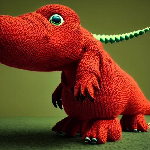 Prompt: super cute dinosaur made out of sweaters and yarn octane rendering vivid cinematic lighting 4 k