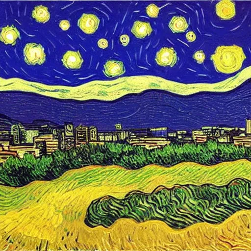 Image similar to asheville skyline in the style of starry night, by vincent van gogh