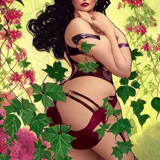 Prompt: a stunning vector portrait of a thicc and voluptuous wonder woman dressed as a beautiful poison ivy with hair tied in a braid walking through a flowering garden, greenhouse in the background, intricate, elegant, highly detailed, digital painting, artstation, concept art, ultra sharp focus, illustration, art by and greg rutkowski and alphonse mucha