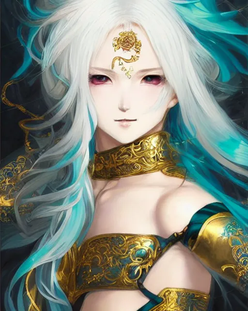 Image similar to beautiful anime portrait of a female fighter!! long white hair! teal eyes! fighting stance!!!! intricate ornate gold and black outfit!!! elegant, artbook, fine details by stanley artgerm lau, wlop, rossdraws, james jean, andrei riabovitchev, marc simonetti, and sakimichan, trending on artstation