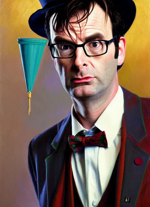 Prompt: oil portrait of the tenth doctor from doctor who wearing a party hat, intricate, elegant, highly detailed, lighting, painting, artstation, smooth, illustration, art by greg rutowski and alphonse mucha