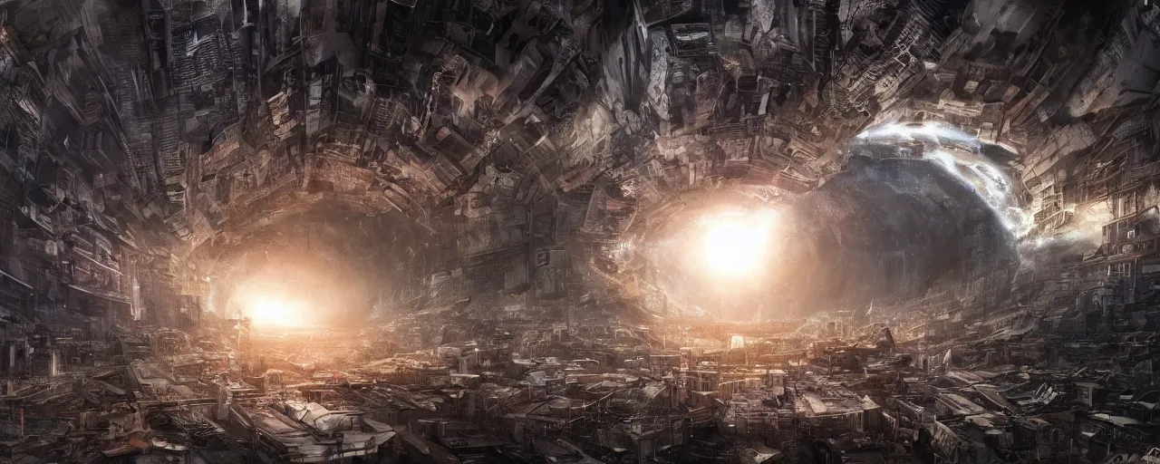 Image similar to a wormhole opening up in the middle of a post-apocalyptic city full of people, large scale, breathtaking, mixed media, digital art, trending on artstation, 8k, epic composition, highly detailed, AAA graphics