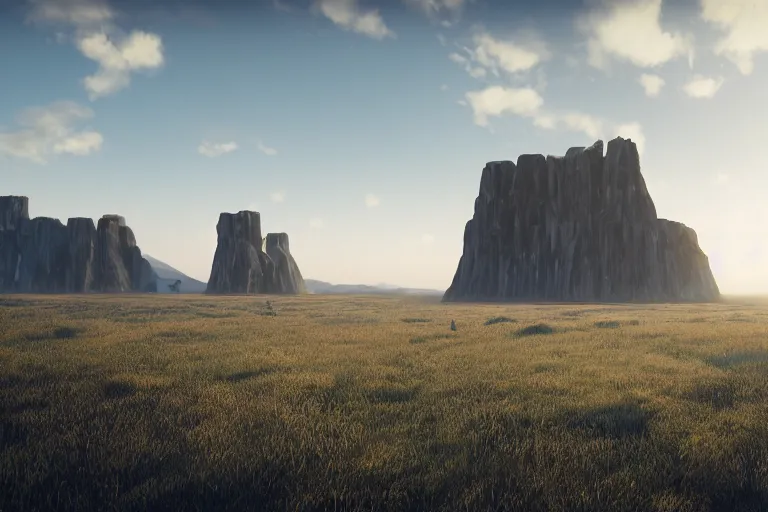 Image similar to a cinematic photograph of a enormous monolith in the middle of a vast serene landscape filled with rivers and trees blowing in the wind, the sun rises over the hilltops, hyper realistic, unreal engine 5, by beeple