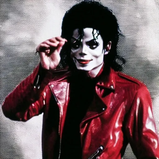 Prompt: michael jackson as a grey alien with huge black eyes and the red leather jacket from thriller