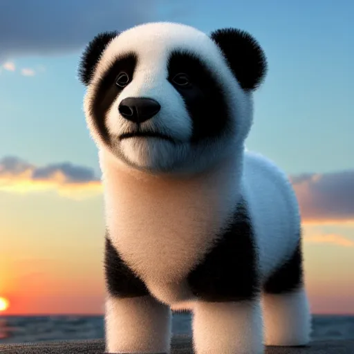 Image similar to a closeup photorealistic photograph of panda themed white bichon frise smiling on the beach at sunset. This 4K HD image is Trending on Artstation, featured on Behance, well-rendered, extra crisp, features intricate detail and the style of Unreal Engine.