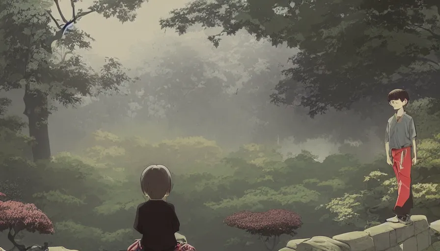 Prompt: ilya kuvshinov illustration of a boy bored in a temple garden filled with yokai and spirits, spirits in the garden, hazy and misty, magical feeling, uhd, high detail, by ilya kuvshinov