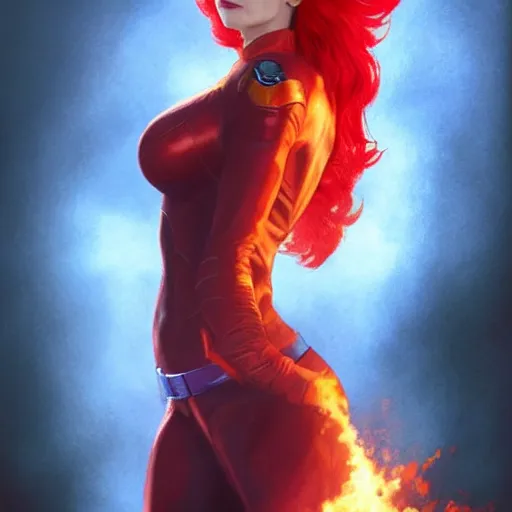 Image similar to jean grey, a full body portrait of jean grey, green eyes, red hair, phoenix rising, flames, flying, comic, x - men, highly detailed, artstation, deviantart, symetry, digital painting, vivid colors, realistic shaded perfect face, volumetric lighting, atmospheric, sharp focus, moody, art by artgerm and greg rutkowski, 8 k