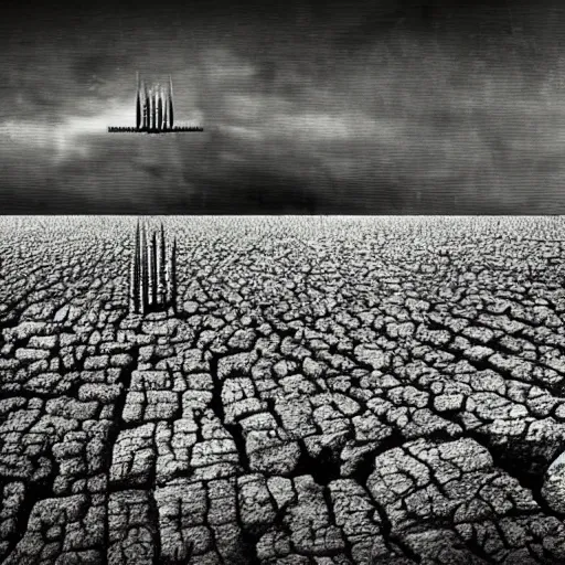 Image similar to radioactive spike field, monolithic granite spikes, one lone person standing in front of the spikes, creepy monotone black and white lighting, post nuclear fallout, desolate, no life, high resolution, old photo, style of salvador dali, van gogh