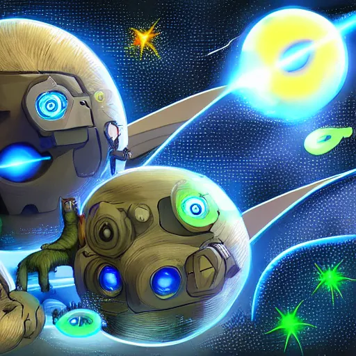 Image similar to laser war between funny creatures on a planet, digital art, award winning 4K