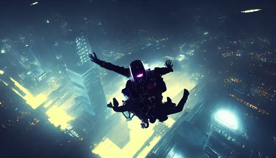 Image similar to man skydiving in dark cyberpunk city with clouds, volumetric lighting, dystopia, artstation, concept art, painting