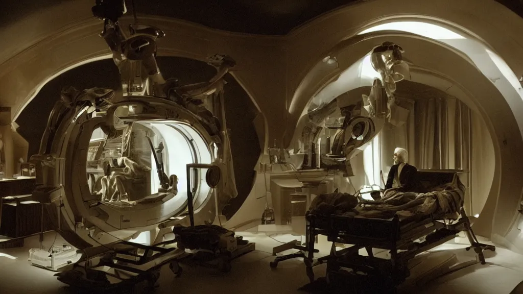 Prompt: an mri section of james cavell in the living room, film still from the movie directed by denis villeneuve with art direction by salvador dali, wide lens